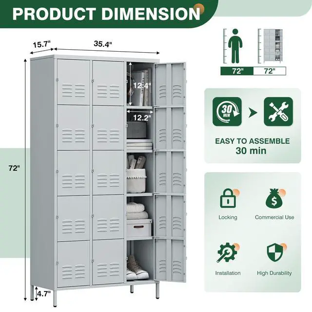 Alt view image 3 of 7 - Metal Lockers for Employees-15 Door Storage Locker with Shelves and Lockable Steel Cabinet for School,Gym,Office,Staff(Grey, 15 Door)
