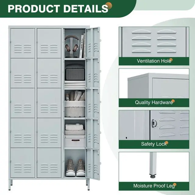Alt view image 4 of 7 - Metal Lockers for Employees-15 Door Storage Locker with Shelves and Lockable Steel Cabinet for School,Gym,Office,Staff(Grey, 15 Door)