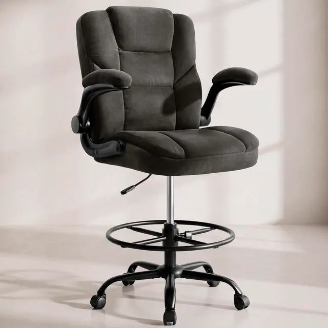 Main image of Drafting Chair 500Lbs, Tall Office Chair for Standing Desk, Fabric Executive Office Chair with Flip-up Armrests, Ergonomic High Chair with Adjustable Foot Ring, Comfy Stool Chairs, Black