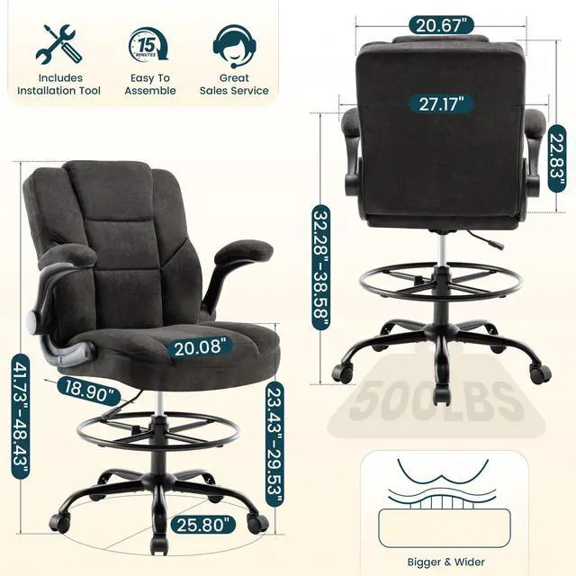 Alt view image 2 of 7 - Drafting Chair 500Lbs, Tall Office Chair for Standing Desk, Fabric Executive Office Chair with Flip-up Armrests, Ergonomic High Chair with Adjustable Foot Ring, Comfy Stool Chairs, Black