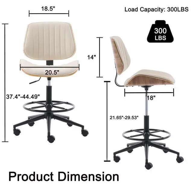 Alt view image 3 of 7 - Drafting Chair for Standing Desk, Armless Tall Office Chair with Bentwood Backrest, Adjustable Height, Footrest Ring and Swivel Seat, PU Leather (Ivory)