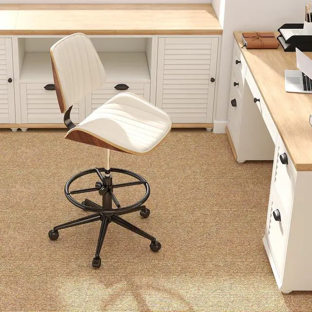 Alt view image 6 of 7 - Drafting Chair for Standing Desk, Armless Tall Office Chair with Bentwood Backrest, Adjustable Height, Footrest Ring and Swivel Seat, PU Leather (Ivory)