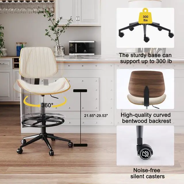 Alt view image 4 of 7 - Drafting Chair for Standing Desk, Armless Tall Office Chair with Bentwood Backrest, Adjustable Height, Footrest Ring and Swivel Seat, PU Leather (Ivory)