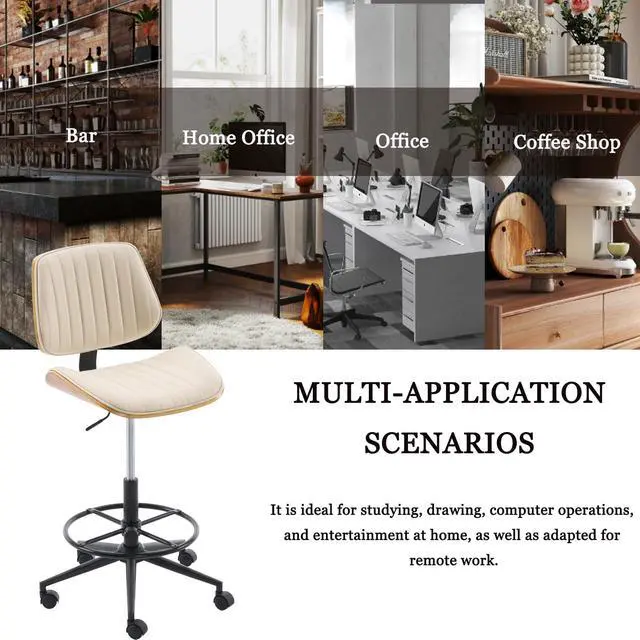 Alt view image 7 of 7 - Drafting Chair for Standing Desk, Armless Tall Office Chair with Bentwood Backrest, Adjustable Height, Footrest Ring and Swivel Seat, PU Leather (Ivory)