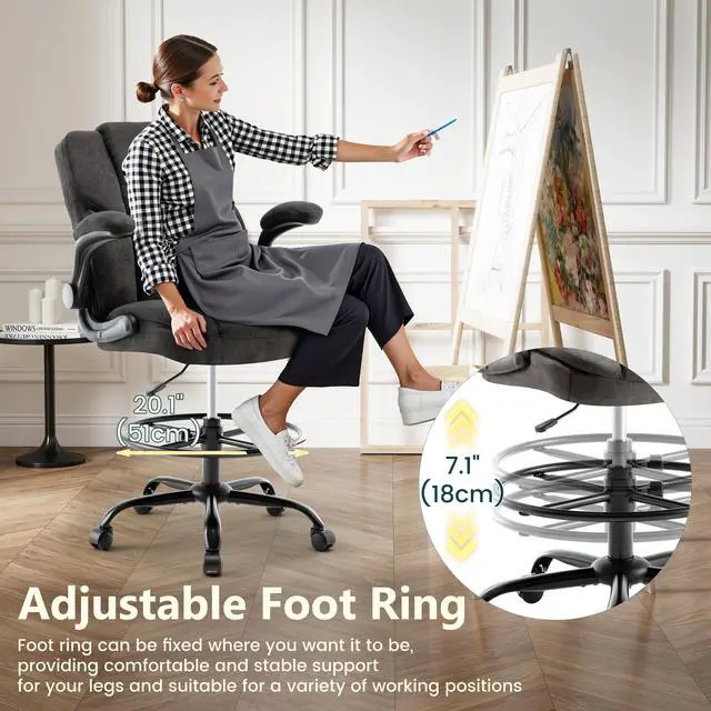 Alt view image 4 of 7 - Drafting Chair 500Lbs, Tall Office Chair for Standing Desk, Fabric Executive Office Chair with Flip-up Armrests, Ergonomic High Chair with Adjustable Foot Ring, Comfy Stool Chairs, Black