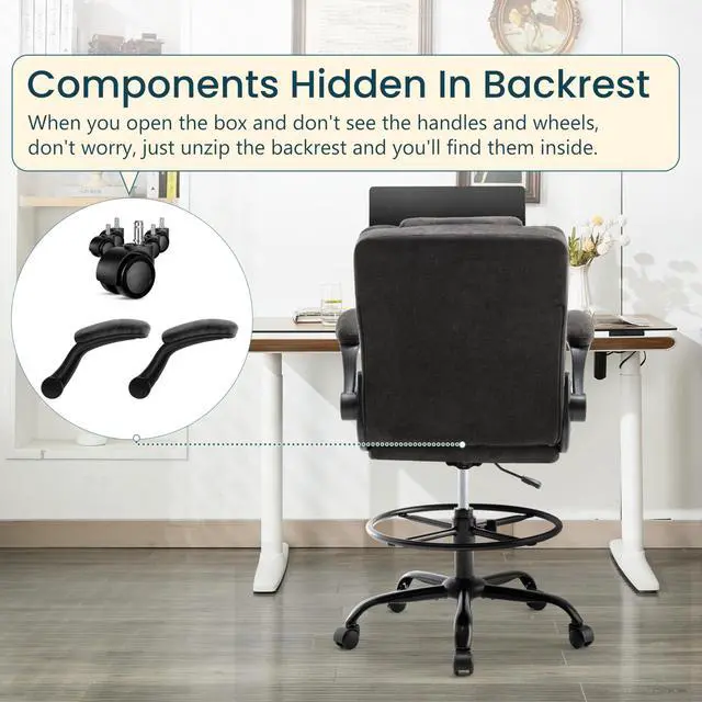 Alt view image 5 of 7 - Drafting Chair 500Lbs, Tall Office Chair for Standing Desk, Fabric Executive Office Chair with Flip-up Armrests, Ergonomic High Chair with Adjustable Foot Ring, Comfy Stool Chairs, Black