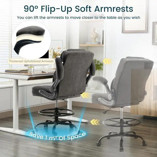 Alt view image 6 of 7 - Drafting Chair 500Lbs, Tall Office Chair for Standing Desk, Fabric Executive Office Chair with Flip-up Armrests, Ergonomic High Chair with Adjustable Foot Ring, Comfy Stool Chairs, Black