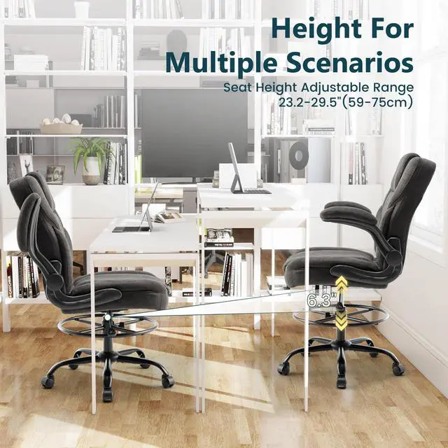 Alt view image 7 of 7 - Drafting Chair 500Lbs, Tall Office Chair for Standing Desk, Fabric Executive Office Chair with Flip-up Armrests, Ergonomic High Chair with Adjustable Foot Ring, Comfy Stool Chairs, Black
