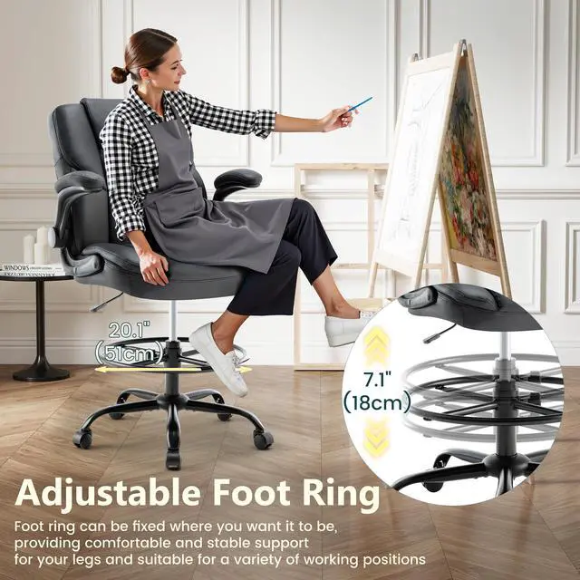 Alt view image 4 of 7 - Drafting Chair 500Lbs, Tall Office Chair for Standing Desk, High PU Leather Executive Office Chair with Flip-up Armrests, Ergonomic High Chair with Adjustable Foot Ring, Comfy Stool Chairs, Black