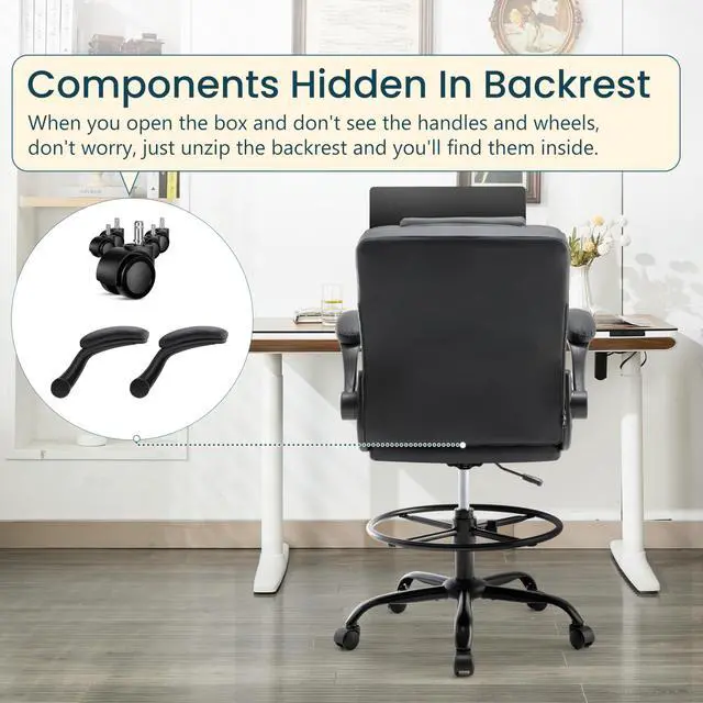 Alt view image 5 of 7 - Drafting Chair 500Lbs, Tall Office Chair for Standing Desk, High PU Leather Executive Office Chair with Flip-up Armrests, Ergonomic High Chair with Adjustable Foot Ring, Comfy Stool Chairs, Black