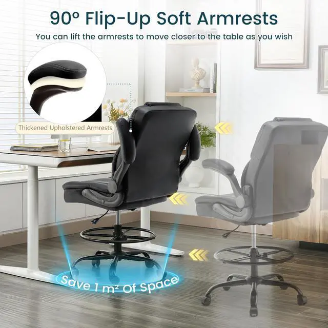 Alt view image 6 of 7 - Drafting Chair 500Lbs, Tall Office Chair for Standing Desk, High PU Leather Executive Office Chair with Flip-up Armrests, Ergonomic High Chair with Adjustable Foot Ring, Comfy Stool Chairs, Black