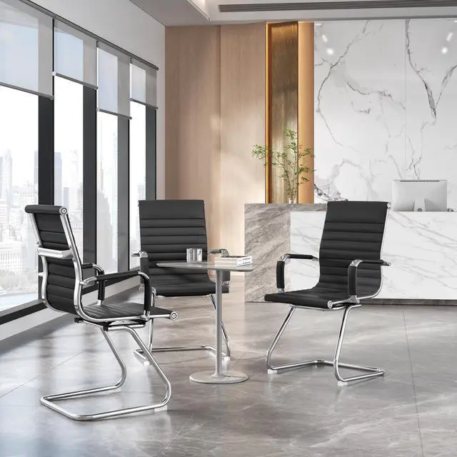 Alt view image 2 of 7 - Office Guest Chairs Set of 2, Faux Leather Reception Chair, Black | Set of 2, Easy-Clean Faux Leather, Foam-Padded Seats, Fixed Armrests, Sturdy Metal Frames, 300 lb Capacity per Chair