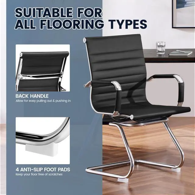 Alt view image 5 of 7 - Office Guest Chairs Set of 2, Faux Leather Reception Chair, Black | Set of 2, Easy-Clean Faux Leather, Foam-Padded Seats, Fixed Armrests, Sturdy Metal Frames, 300 lb Capacity per Chair