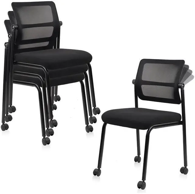 Main image of 4PK Mesh Stacking Office Desk Chairs with Wheels, Portable Stackable Bulk Waiting Room Armless Chair with Adjustable Back & Fabric Seat for Guest Lobby Side School Church Conference Break