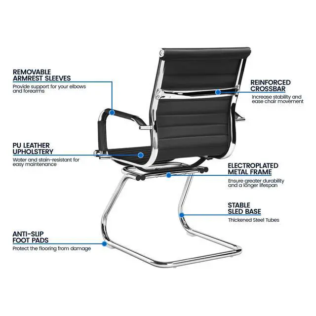 Alt view image 7 of 7 - Office Guest Chairs Set of 2, Faux Leather Reception Chair, Black | Set of 2, Easy-Clean Faux Leather, Foam-Padded Seats, Fixed Armrests, Sturdy Metal Frames, 300 lb Capacity per Chair