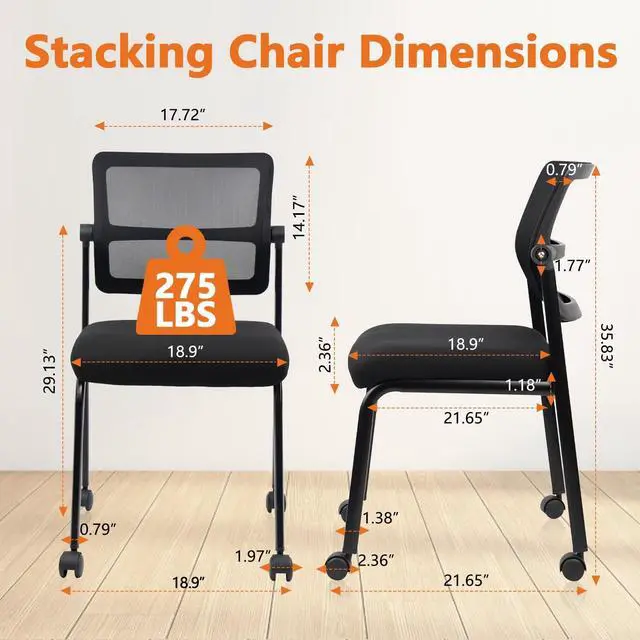 Alt view image 3 of 7 - 4PK Mesh Stacking Office Desk Chairs with Wheels, Portable Stackable Bulk Waiting Room Armless Chair with Adjustable Back & Fabric Seat for Guest Lobby Side School Church Conference Break