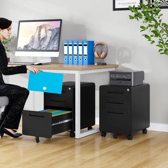 Alt view image 2 of 7 - 3 Drawer File Cabinet with Lock,Rolling File Cabinets,Under Desk File Cabinet,Three Drawer Filing Cabinet for Home Office with Wheels,Fit A4/Letter/Legal File,Fully Assembled Except Casters