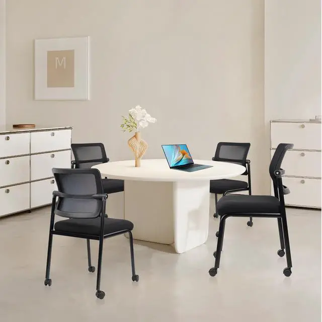 Alt view image 2 of 7 - 4PK Mesh Stacking Office Desk Chairs with Wheels, Portable Stackable Bulk Waiting Room Armless Chair with Adjustable Back & Fabric Seat for Guest Lobby Side School Church Conference Break