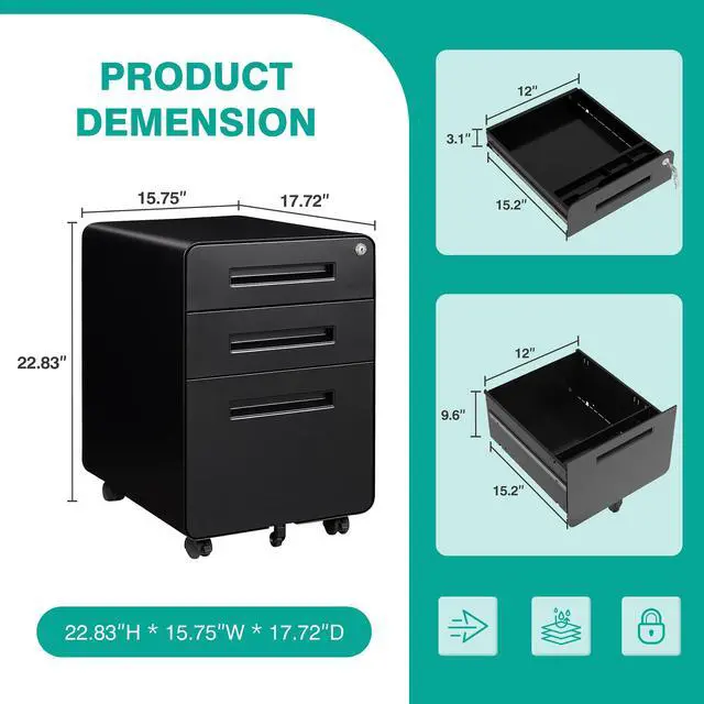 Alt view image 3 of 7 - 3 Drawer File Cabinet with Lock,Rolling File Cabinets,Under Desk File Cabinet,Three Drawer Filing Cabinet for Home Office with Wheels,Fit A4/Letter/Legal File,Fully Assembled Except Casters