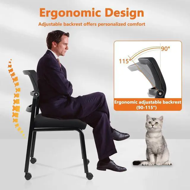 Alt view image 5 of 7 - 4PK Mesh Stacking Office Desk Chairs with Wheels, Portable Stackable Bulk Waiting Room Armless Chair with Adjustable Back & Fabric Seat for Guest Lobby Side School Church Conference Break