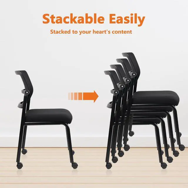 Alt view image 4 of 7 - 4PK Mesh Stacking Office Desk Chairs with Wheels, Portable Stackable Bulk Waiting Room Armless Chair with Adjustable Back & Fabric Seat for Guest Lobby Side School Church Conference Break