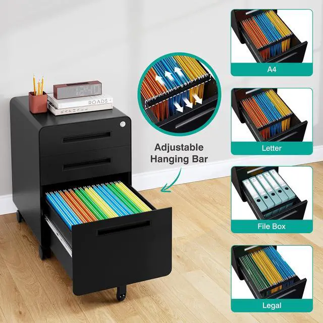 Alt view image 5 of 7 - 3 Drawer File Cabinet with Lock,Rolling File Cabinets,Under Desk File Cabinet,Three Drawer Filing Cabinet for Home Office with Wheels,Fit A4/Letter/Legal File,Fully Assembled Except Casters