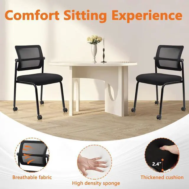 Alt view image 7 of 7 - 4PK Mesh Stacking Office Desk Chairs with Wheels, Portable Stackable Bulk Waiting Room Armless Chair with Adjustable Back & Fabric Seat for Guest Lobby Side School Church Conference Break