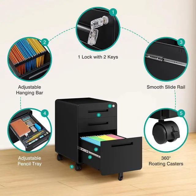 Alt view image 6 of 7 - 3 Drawer File Cabinet with Lock,Rolling File Cabinets,Under Desk File Cabinet,Three Drawer Filing Cabinet for Home Office with Wheels,Fit A4/Letter/Legal File,Fully Assembled Except Casters