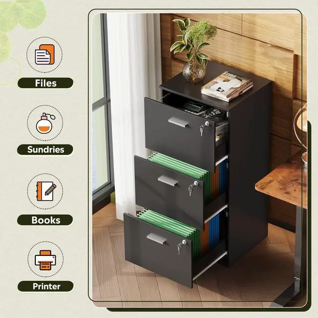 Alt view image 4 of 7 - 3 Drawer Wood File Cabinet with Lock, Printer Stand, Black | Wooden Filing Cabinet for Home Office Storage, Vertical Filing Organizer for Letter/A4 Size