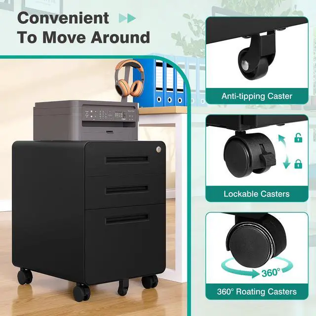 Alt view image 7 of 7 - 3 Drawer File Cabinet with Lock,Rolling File Cabinets,Under Desk File Cabinet,Three Drawer Filing Cabinet for Home Office with Wheels,Fit A4/Letter/Legal File,Fully Assembled Except Casters