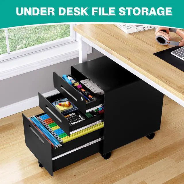 Alt view image 4 of 7 - 3 Drawer File Cabinet with Lock,Rolling File Cabinets,Under Desk File Cabinet,Three Drawer Filing Cabinet for Home Office with Wheels,Fit A4/Letter/Legal File,Fully Assembled Except Casters