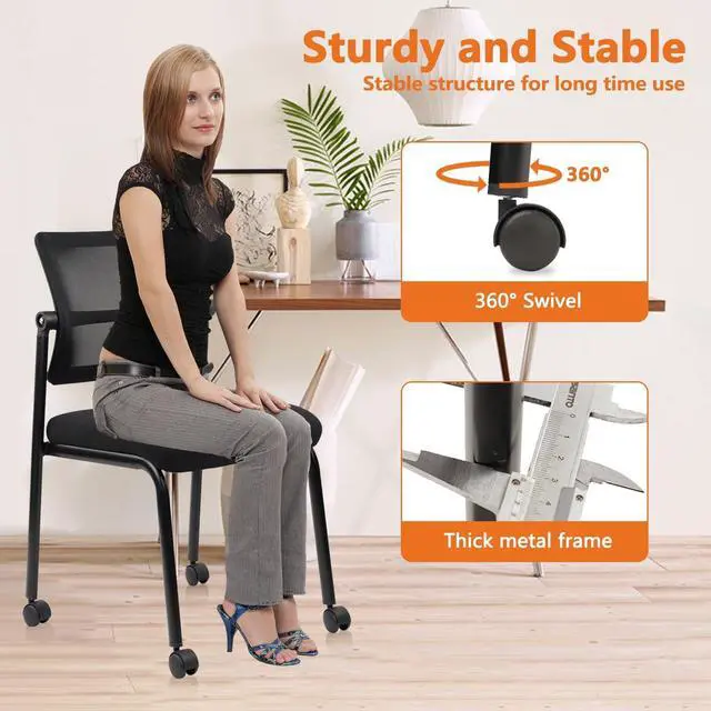Alt view image 6 of 7 - 4PK Mesh Stacking Office Desk Chairs with Wheels, Portable Stackable Bulk Waiting Room Armless Chair with Adjustable Back & Fabric Seat for Guest Lobby Side School Church Conference Break