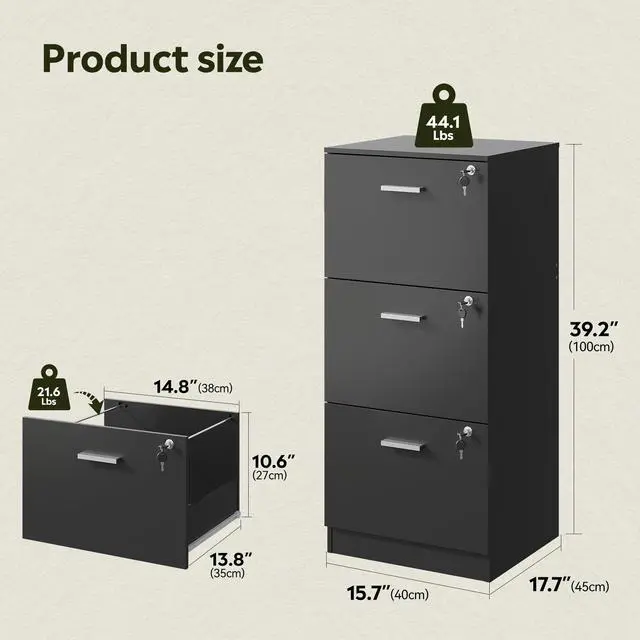 Alt view image 2 of 7 - 3 Drawer Wood File Cabinet with Lock, Printer Stand, Black | Wooden Filing Cabinet for Home Office Storage, Vertical Filing Organizer for Letter/A4 Size
