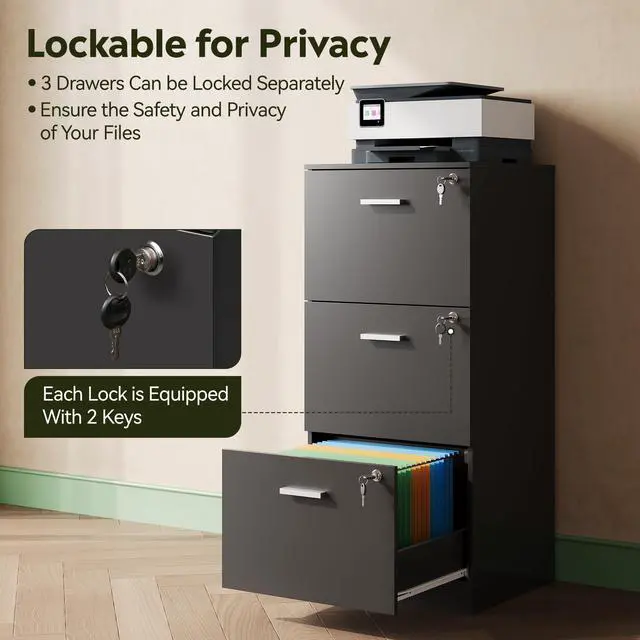 Alt view image 5 of 7 - 3 Drawer Wood File Cabinet with Lock, Printer Stand, Black | Wooden Filing Cabinet for Home Office Storage, Vertical Filing Organizer for Letter/A4 Size