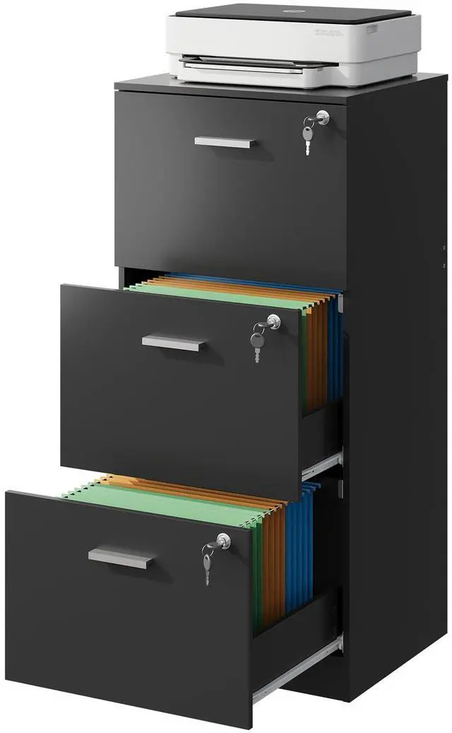 Alt view image 7 of 7 - 3 Drawer Wood File Cabinet with Lock, Printer Stand, Black | Wooden Filing Cabinet for Home Office Storage, Vertical Filing Organizer for Letter/A4 Size