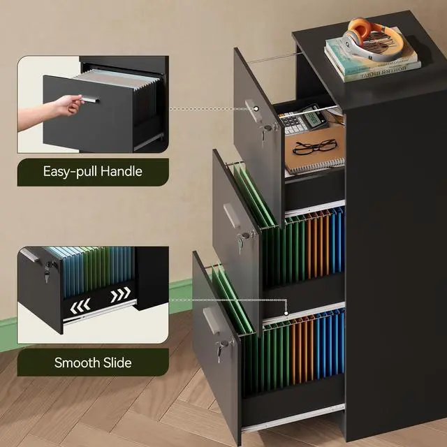 Alt view image 6 of 7 - 3 Drawer Wood File Cabinet with Lock, Printer Stand, Black | Wooden Filing Cabinet for Home Office Storage, Vertical Filing Organizer for Letter/A4 Size