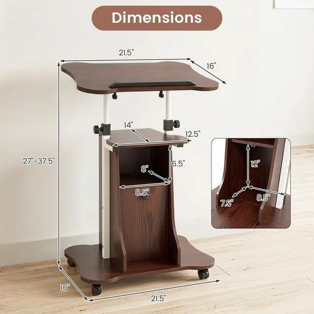 Alt view image 3 of 7 - Mobile Podium Stand, Height Adjustable Laptop Computer Cart w/Tilting Top, Storage Cabinet & Lockable Wheels, Church Classroom Lecture, Sit-to-Stand Desk for Home Office (Brown,2)