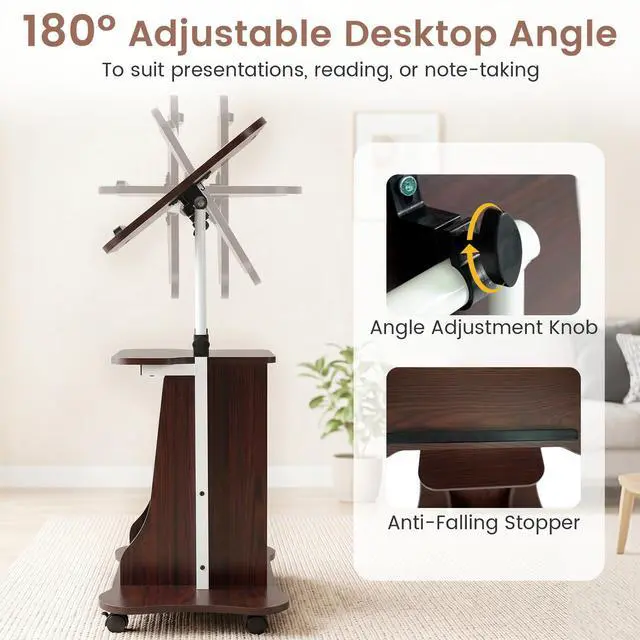 Alt view image 5 of 7 - Mobile Podium Stand, Height Adjustable Laptop Computer Cart w/Tilting Top, Storage Cabinet & Lockable Wheels, Church Classroom Lecture, Sit-to-Stand Desk for Home Office (Brown,2)