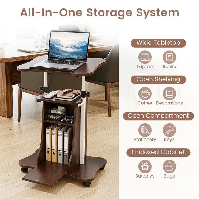 Alt view image 7 of 7 - Mobile Podium Stand, Height Adjustable Laptop Computer Cart w/Tilting Top, Storage Cabinet & Lockable Wheels, Church Classroom Lecture, Sit-to-Stand Desk for Home Office (Brown,2)