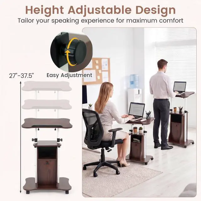 Alt view image 6 of 7 - Mobile Podium Stand, Height Adjustable Laptop Computer Cart w/Tilting Top, Storage Cabinet & Lockable Wheels, Church Classroom Lecture, Sit-to-Stand Desk for Home Office (Brown,2)