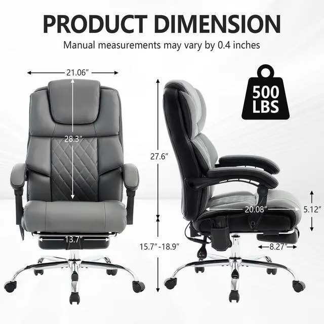 Alt view image 3 of 6 - Massage Office Chair with Heat & Footrest,Heated Comfy Reclining Desk Chair with Vibration,Executive Big and Tall Chairs for Heavy People,Adjustable Height Black Grey