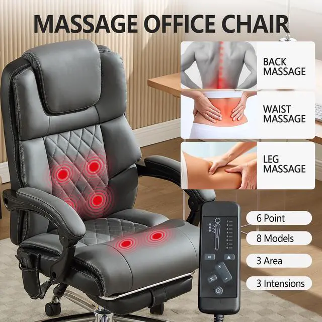 Alt view image 4 of 6 - Massage Office Chair with Heat & Footrest,Heated Comfy Reclining Desk Chair with Vibration,Executive Big and Tall Chairs for Heavy People,Adjustable Height Black Grey