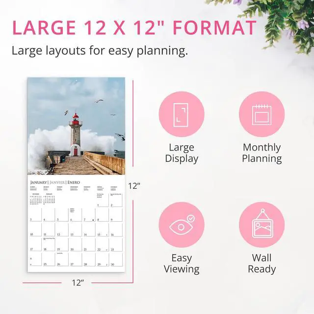 Alt view image 6 of 7 - 2027 Lighthouses Wall Calendar | 12 x 12 | Thick Paper | Home Calendar & Office Organizer | Large Monthly Grid | 3 Languages & Marked Holidays | 4 Month Preview Page for 2028