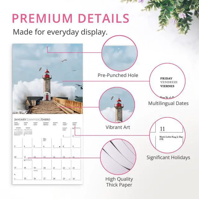 Alt view image 5 of 7 - 2027 Lighthouses Wall Calendar | 12 x 12 | Thick Paper | Home Calendar & Office Organizer | Large Monthly Grid | 3 Languages & Marked Holidays | 4 Month Preview Page for 2028