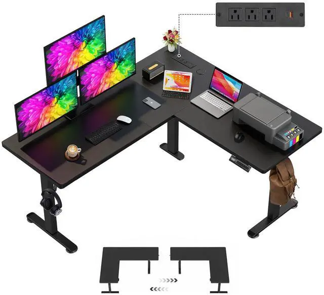 Main image of 63x55 Inch L Shaped Standing Desk with Outlets, Electric Adjustable Height Stand Up Desk, Corner sit Stand Desk with Mouse Pad, Hook, Home Office Writing Gaming Computer Workstation,Black