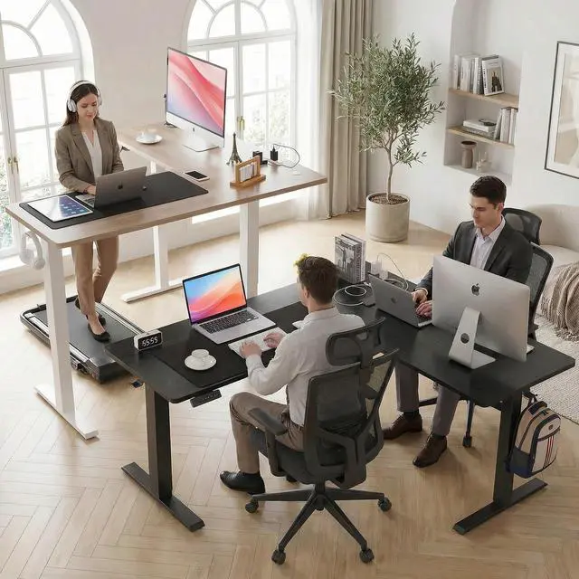Alt view image 2 of 7 - 63x55 Inch L Shaped Standing Desk with Outlets, Electric Adjustable Height Stand Up Desk, Corner sit Stand Desk with Mouse Pad, Hook, Home Office Writing Gaming Computer Workstation,Black