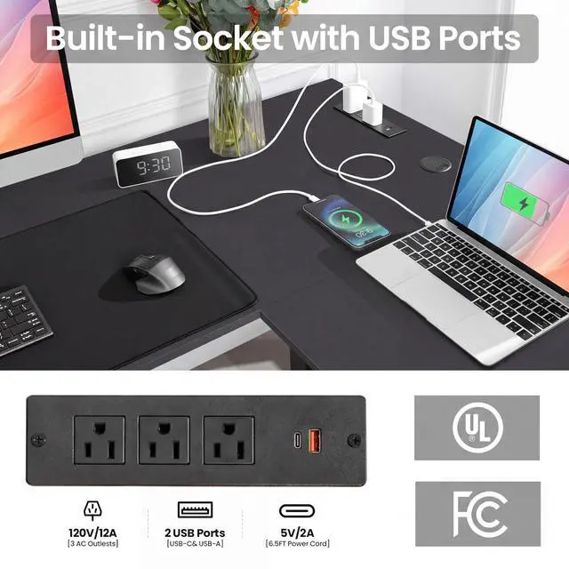 Alt view image 3 of 7 - 63x55 Inch L Shaped Standing Desk with Outlets, Electric Adjustable Height Stand Up Desk, Corner sit Stand Desk with Mouse Pad, Hook, Home Office Writing Gaming Computer Workstation,Black