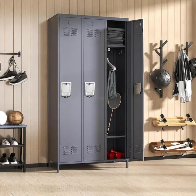 Alt view image 2 of 7 - 3 Doors Steel Locker Cabinet | Secure Employee & Multi-Purpose Storage for Office, Gym, School & Home | Space-Saving Design, Easy Assembly, Dark Grey