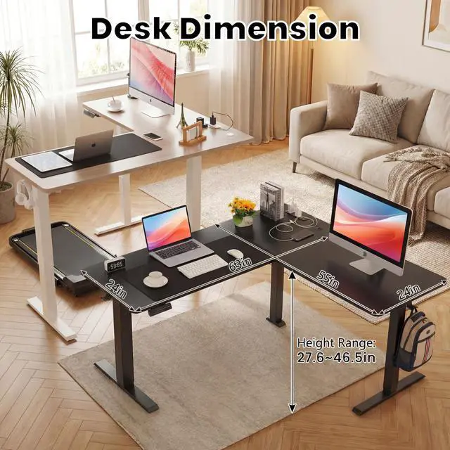 Alt view image 7 of 7 - 63x55 Inch L Shaped Standing Desk with Outlets, Electric Adjustable Height Stand Up Desk, Corner sit Stand Desk with Mouse Pad, Hook, Home Office Writing Gaming Computer Workstation,Black