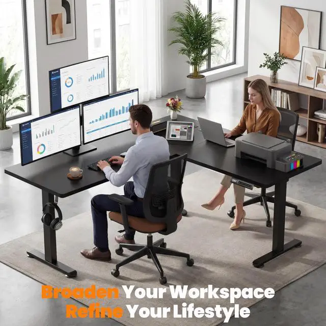 Alt view image 4 of 7 - 63x55 Inch L Shaped Standing Desk with Outlets, Electric Adjustable Height Stand Up Desk, Corner sit Stand Desk with Mouse Pad, Hook, Home Office Writing Gaming Computer Workstation,Black